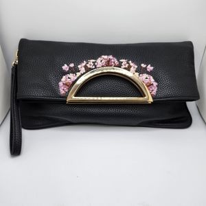 White House Black Market Faux Leather Floral Embroidered Clutch Handbag